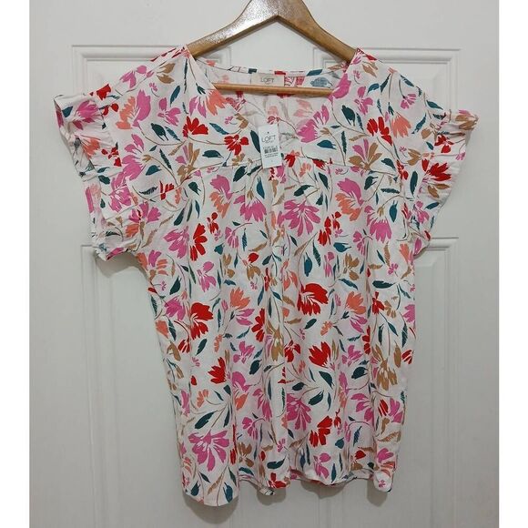 Ann Taylor womens large linen viscose red pink floral shirt flutter sleeve top - Picture 1 of 8